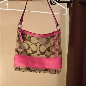Coach Tan and Pink Signature Shoulder Bag